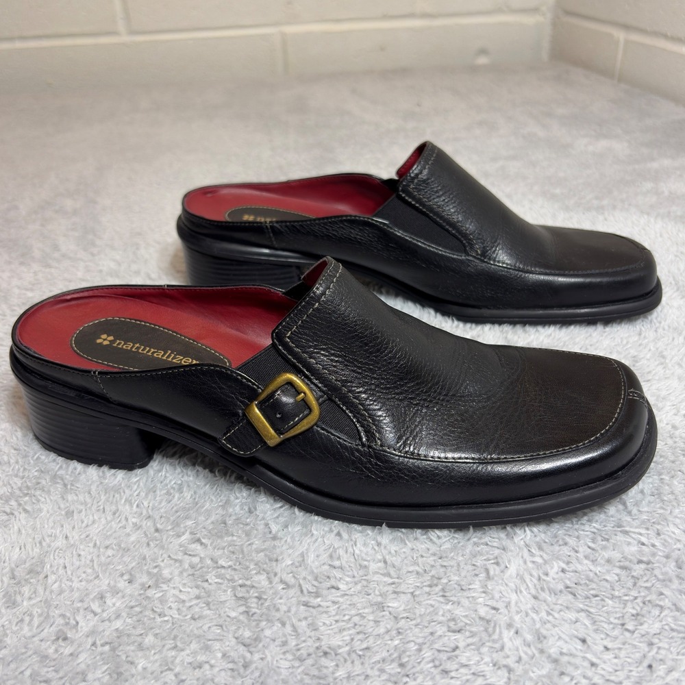 Naturalizer Mules Women 11M Black Leather Square Toe Buckle Block Heel 860N69